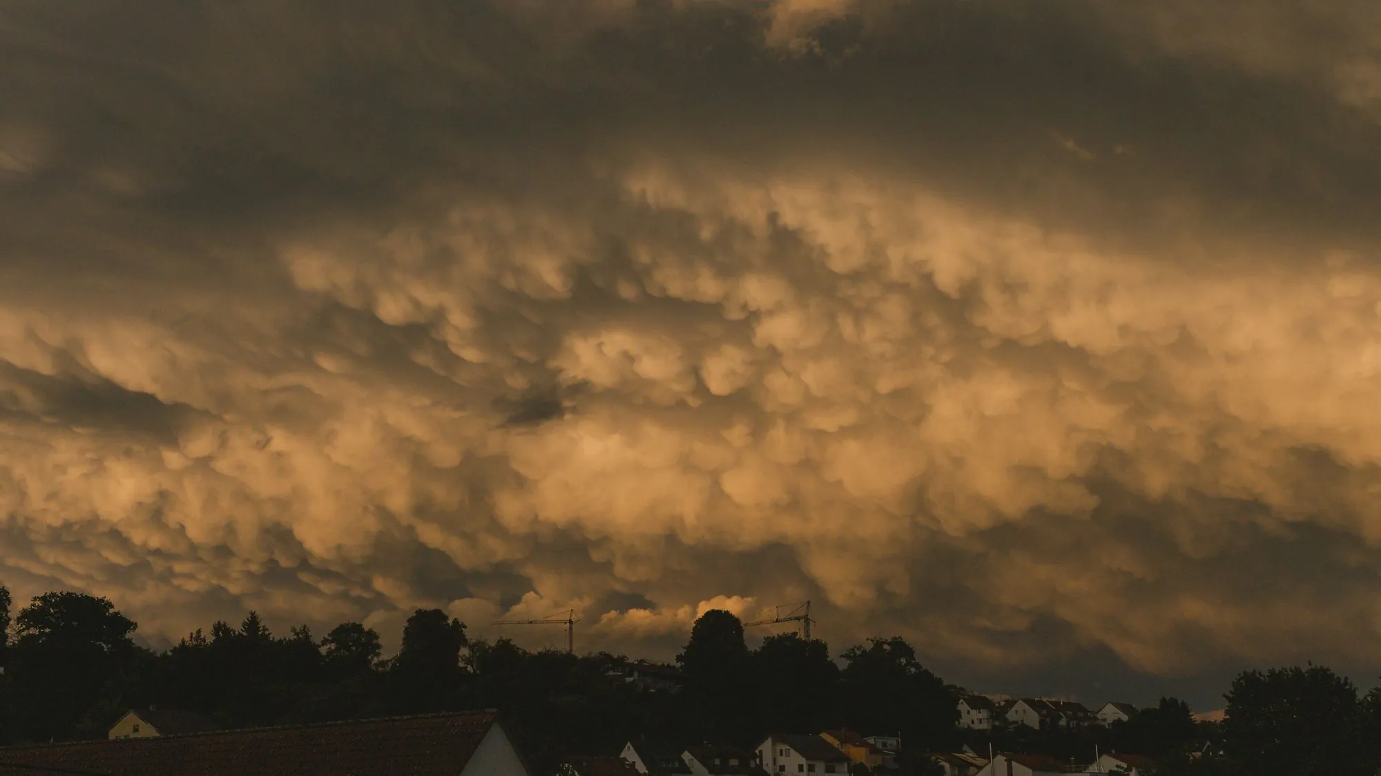 A heavy bank of cloud breaking over a residential neighbourhood at dusk